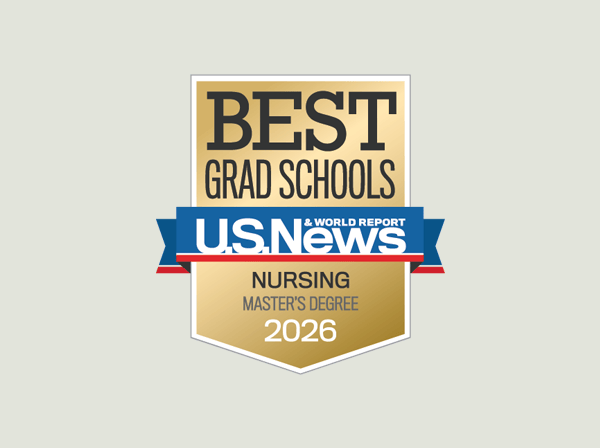 A gold badge displays "Best Grad Schools U.S. News Nursing Master's Degree 2026" in black, white, and blue text on a light background.