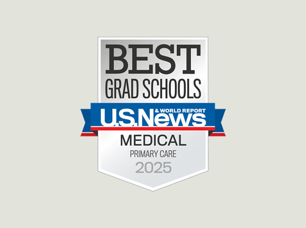 A badge reading "Best Grad Schools, U.S. News & World Report, Medical Primary Care, 2025" on a light gray background.