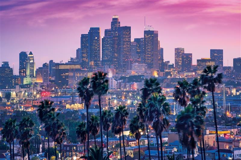 Downtown Los Angeles skyline at dusk with high-rise buildings in the background and palm trees in the foreground.