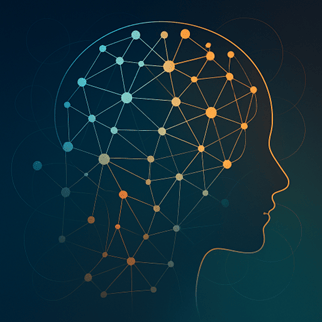 Stylized illustration of a brain with circuit lines and a central speech bubble, representing artificial intelligence and communication.