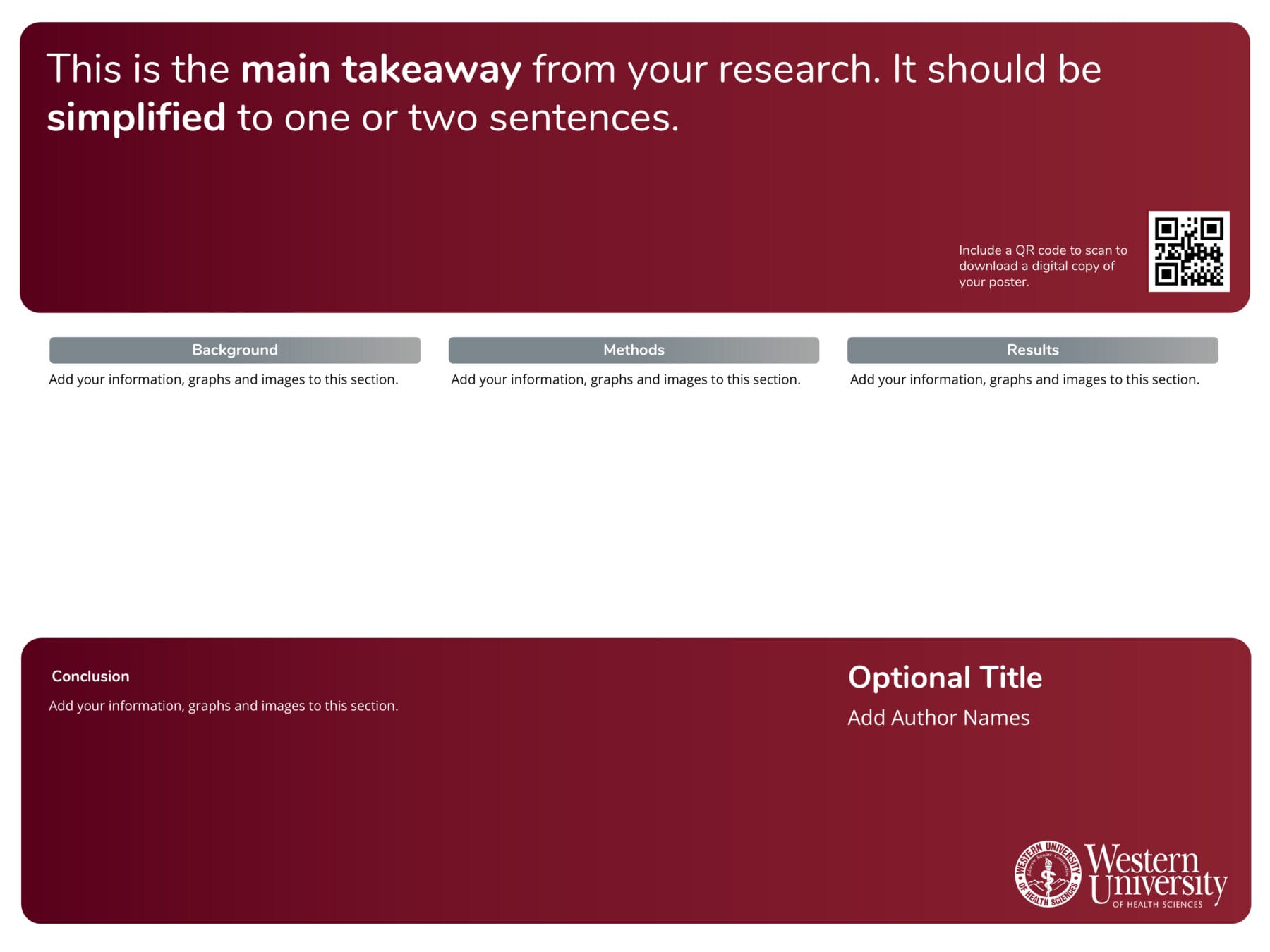 Research poster template with sections for main takeaway, background, methods, results, conclusion, optional title, author names, and a QR code, branded with the Western University logo.