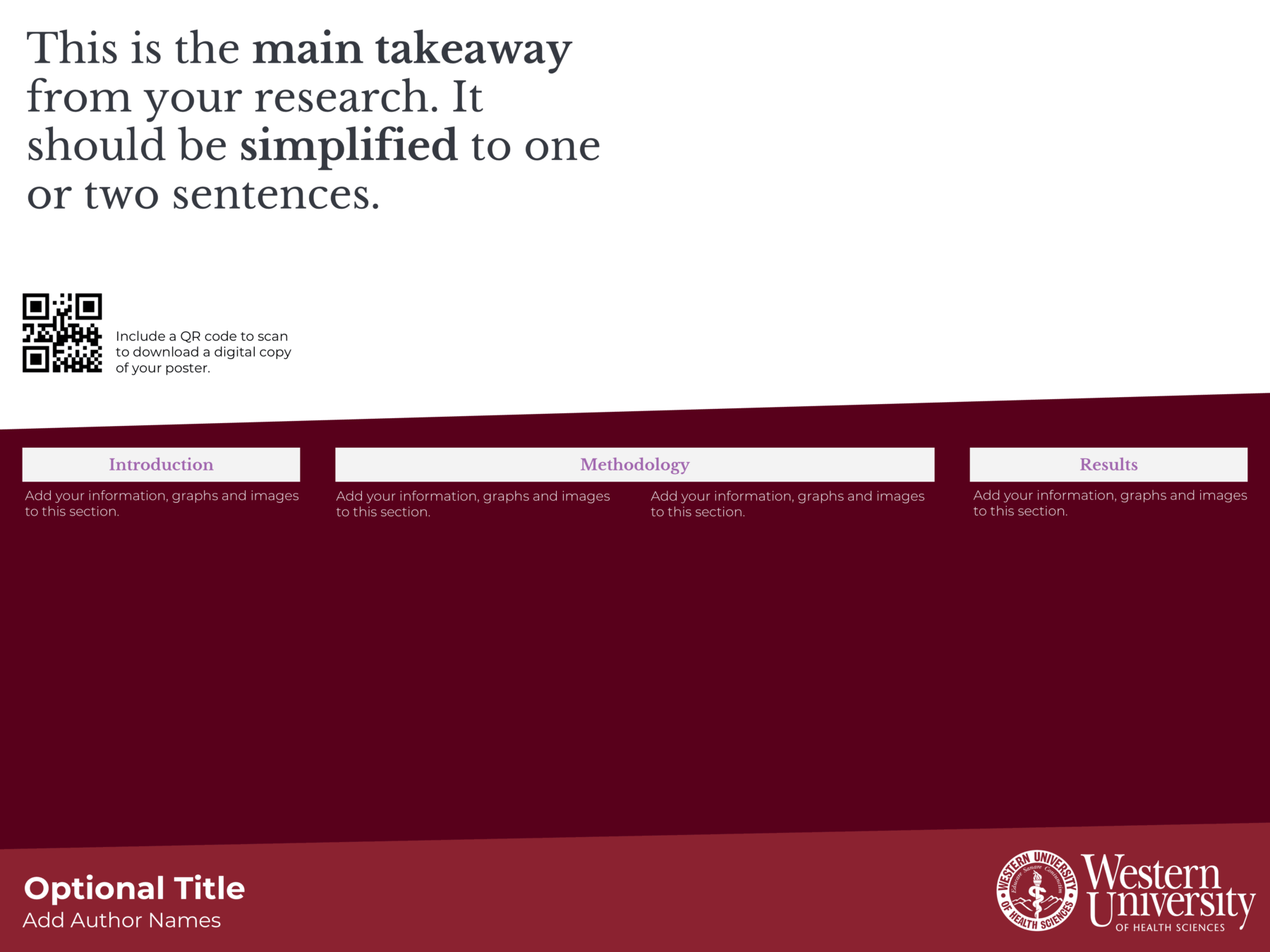 A research poster template with sections for introduction, methodology, and results; a main takeaway statement at the top and Western University logo at the bottom right.
