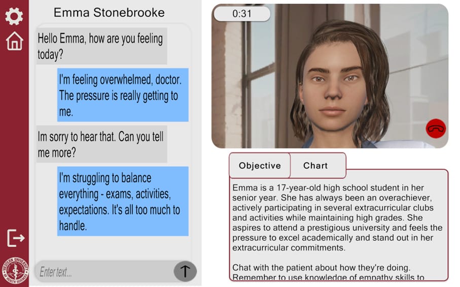 A virtual dialogue with Emma Stonebrooke, discussing feeling overwhelmed by school pressures. Emma is a 17-year-old senior, engaged in extracurricular activities, shown in a digital interface.