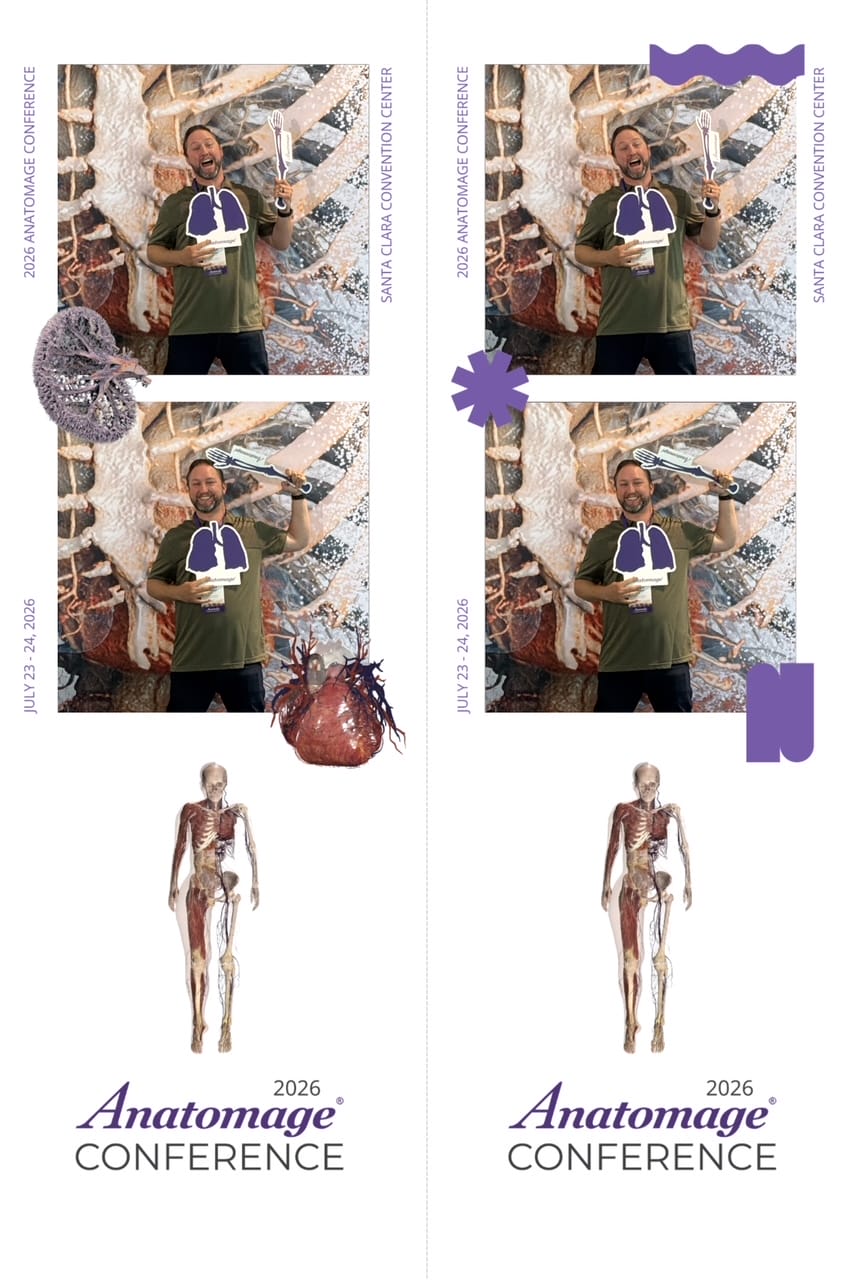 A man poses with a cutout of human lungs in front of a tree-like display; Anatomage Conference 2026 branding frames the image.