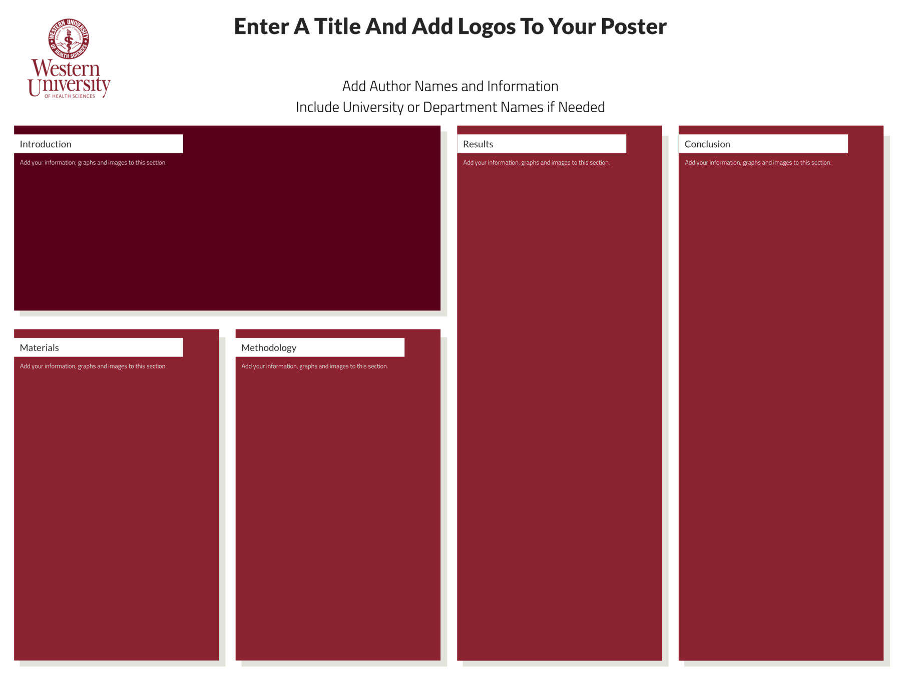 A maroon research poster template with sections for introduction, materials, methodology, results, and conclusion, featuring the Western University logo and placeholders for text.