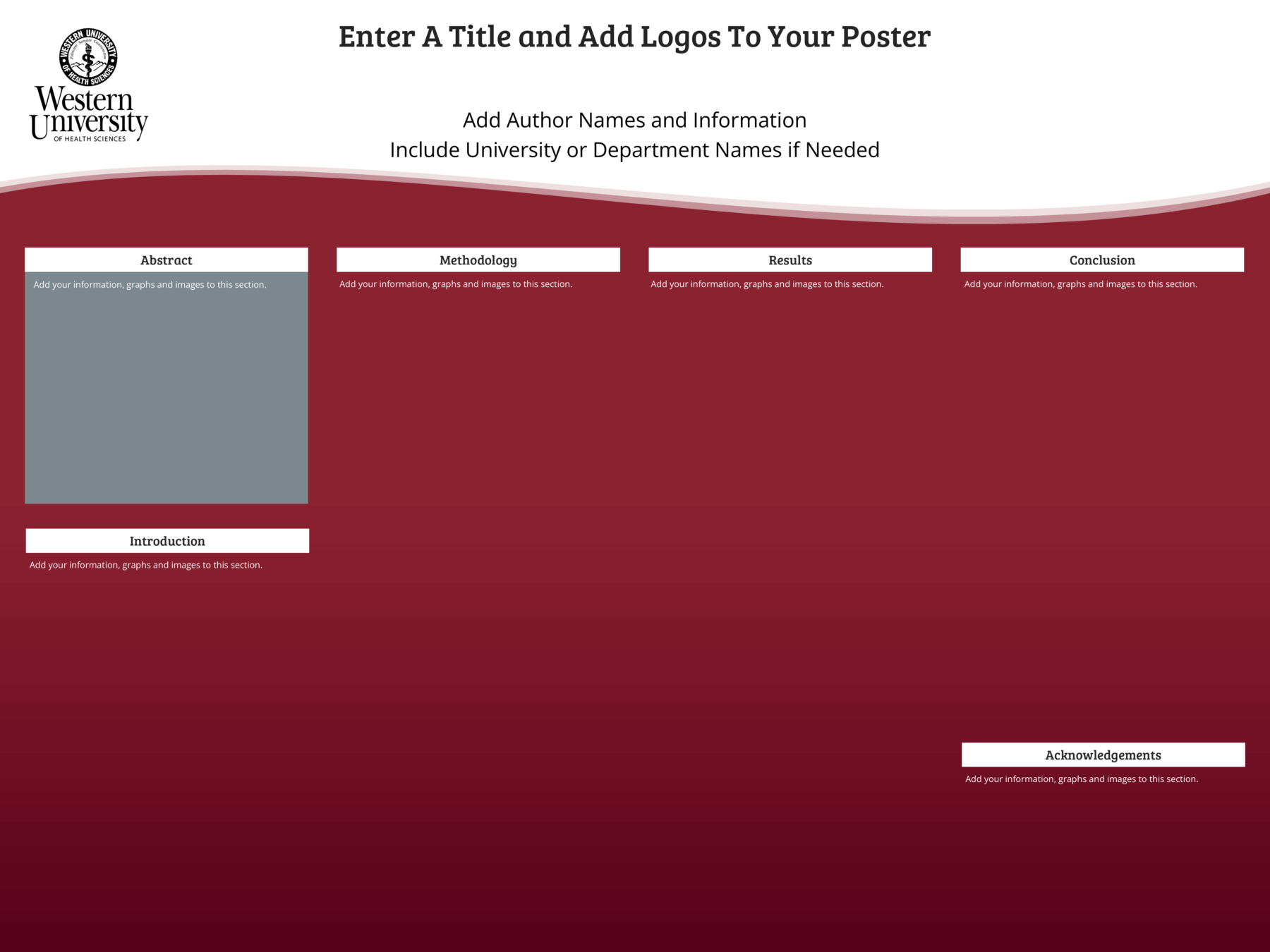 A blank research poster template with sections for title, authors, abstract, introduction, methodology, results, conclusion, and acknowledgements, featuring the Western University logo.