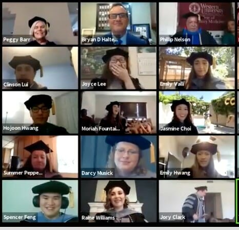 A group of people wearing graduation caps and hats.