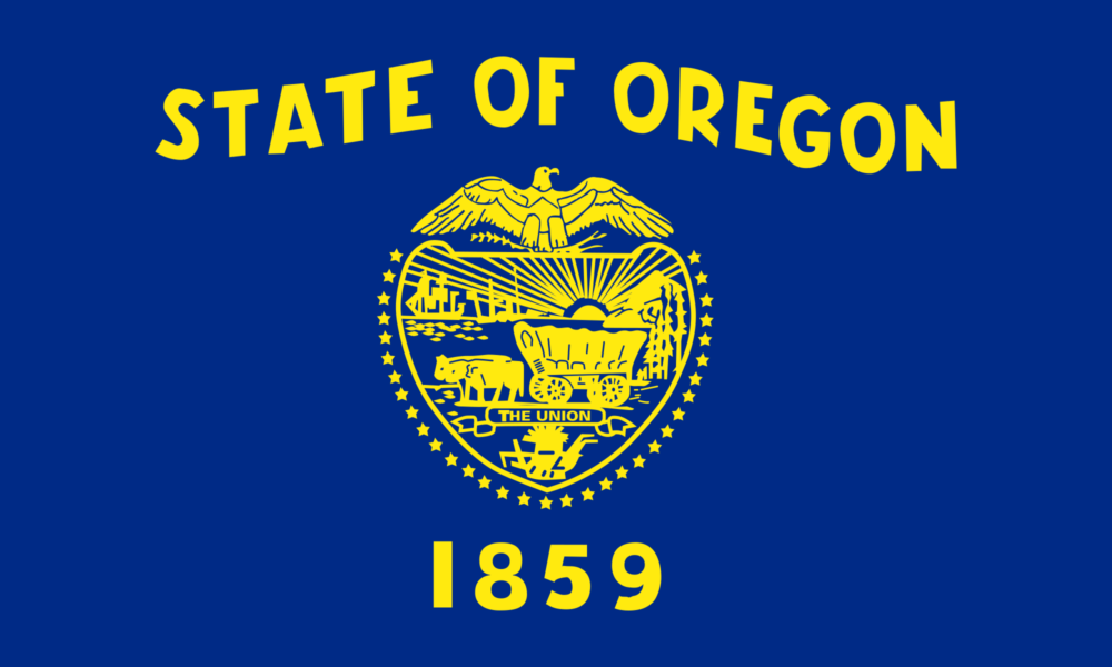 The state of oregon flag is shown on a blue background.