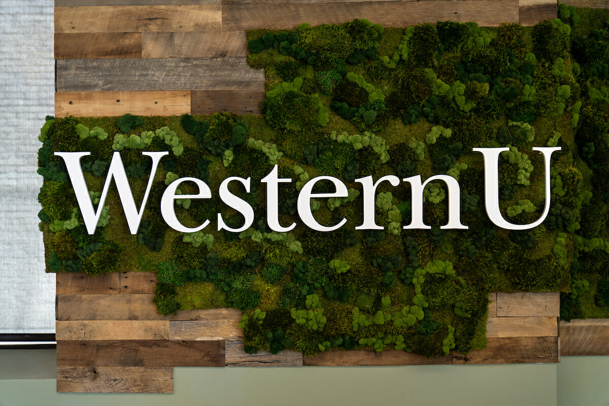 western u, logo, moss, wooden wall.