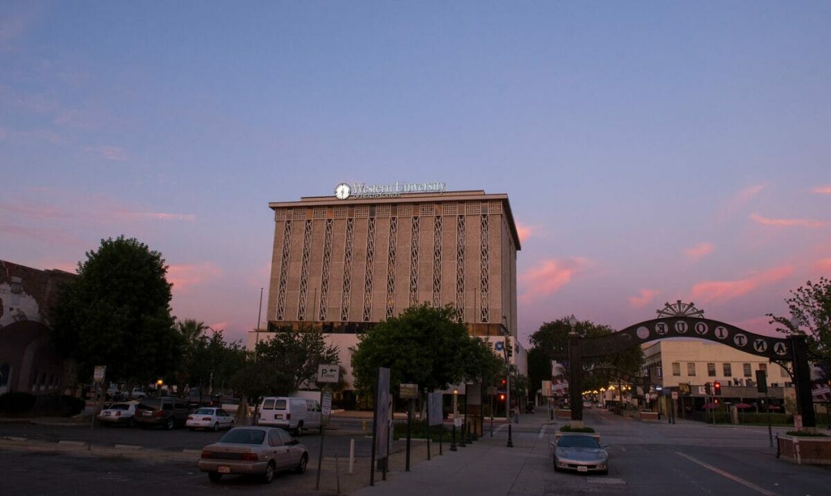 AT building, pink sky