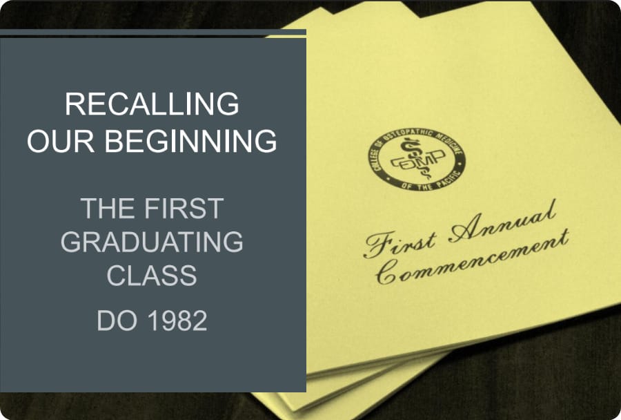 Yellow commencement programs labeled "First Annual Commencement" sit on a table next to a sign reading "Recalling Our Beginning: The First Graduating Class DO 1982.