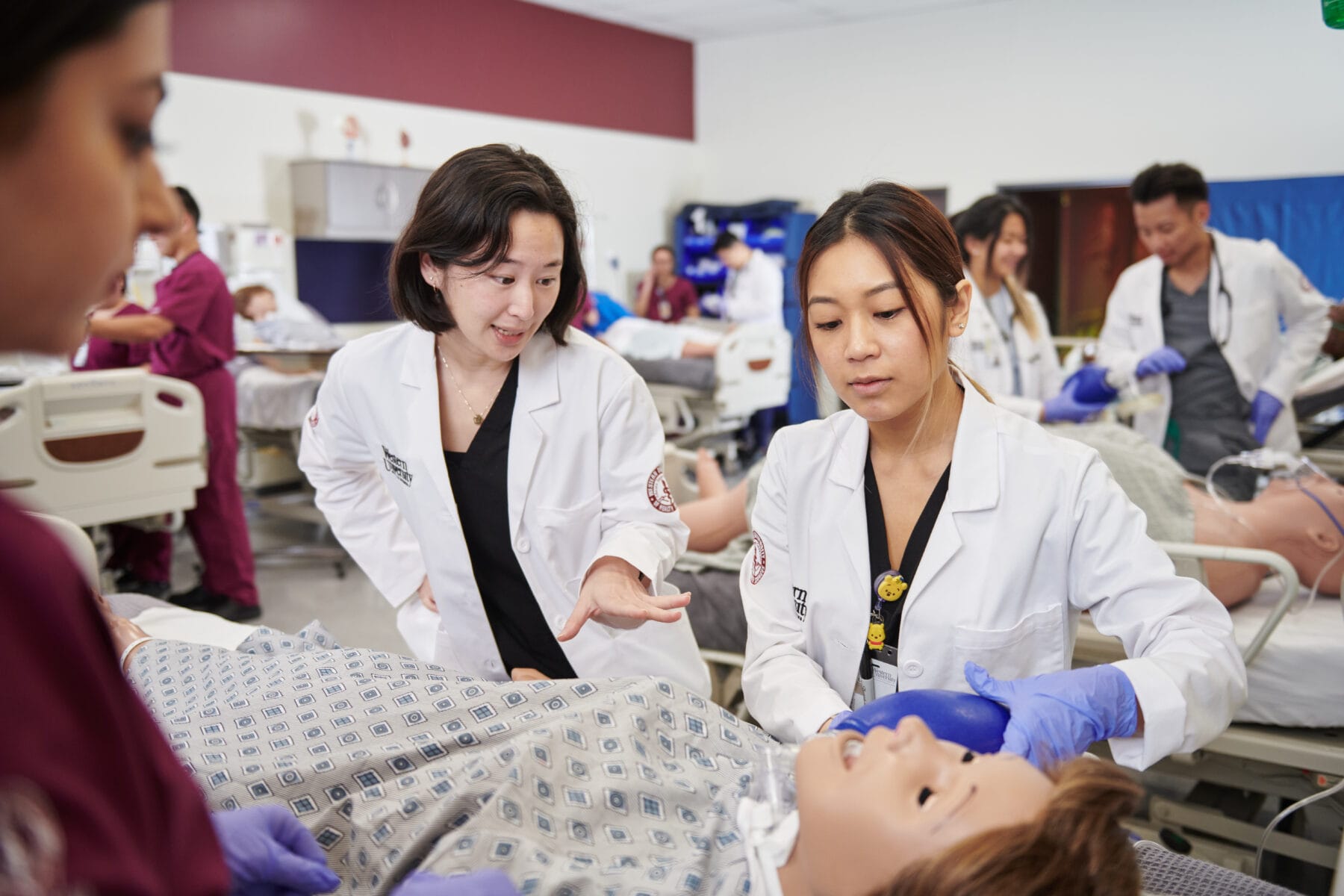 Medical students in white coats practice clinical skills on a medical mannequin in a simulation lab, with one instructor guiding a student.