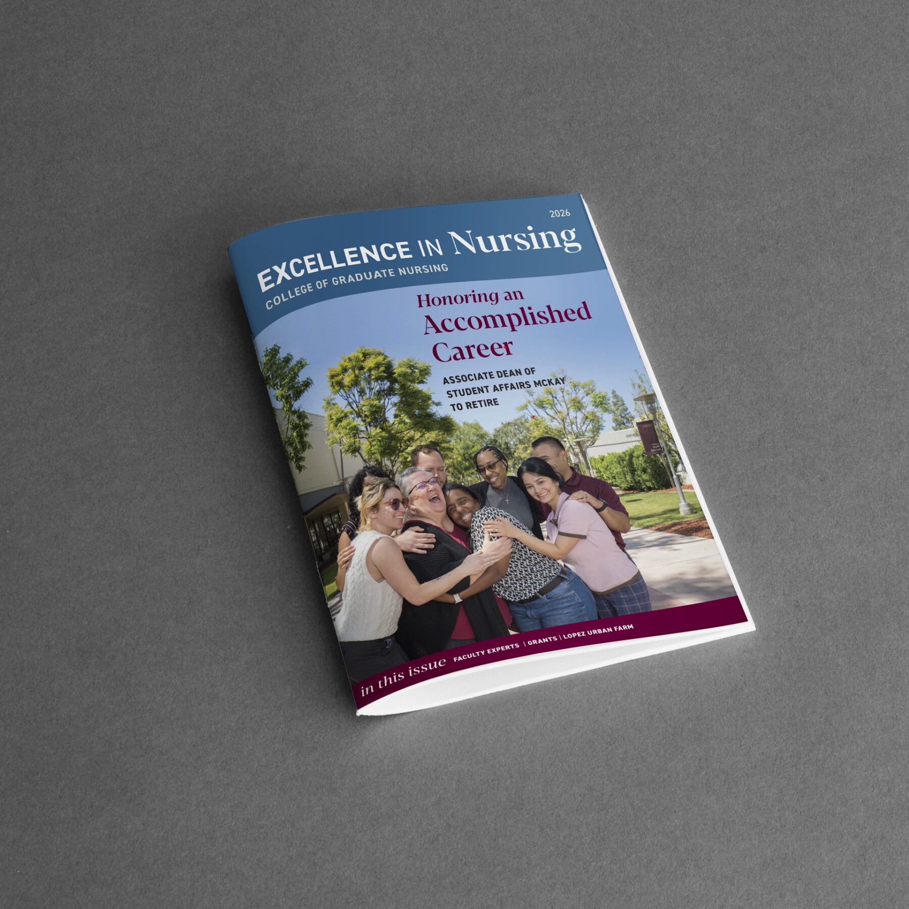 A magazine titled "Excellence in Nursing" featuring a group of people smiling and embracing outdoors, with the headline "Honoring an Accomplished Career.