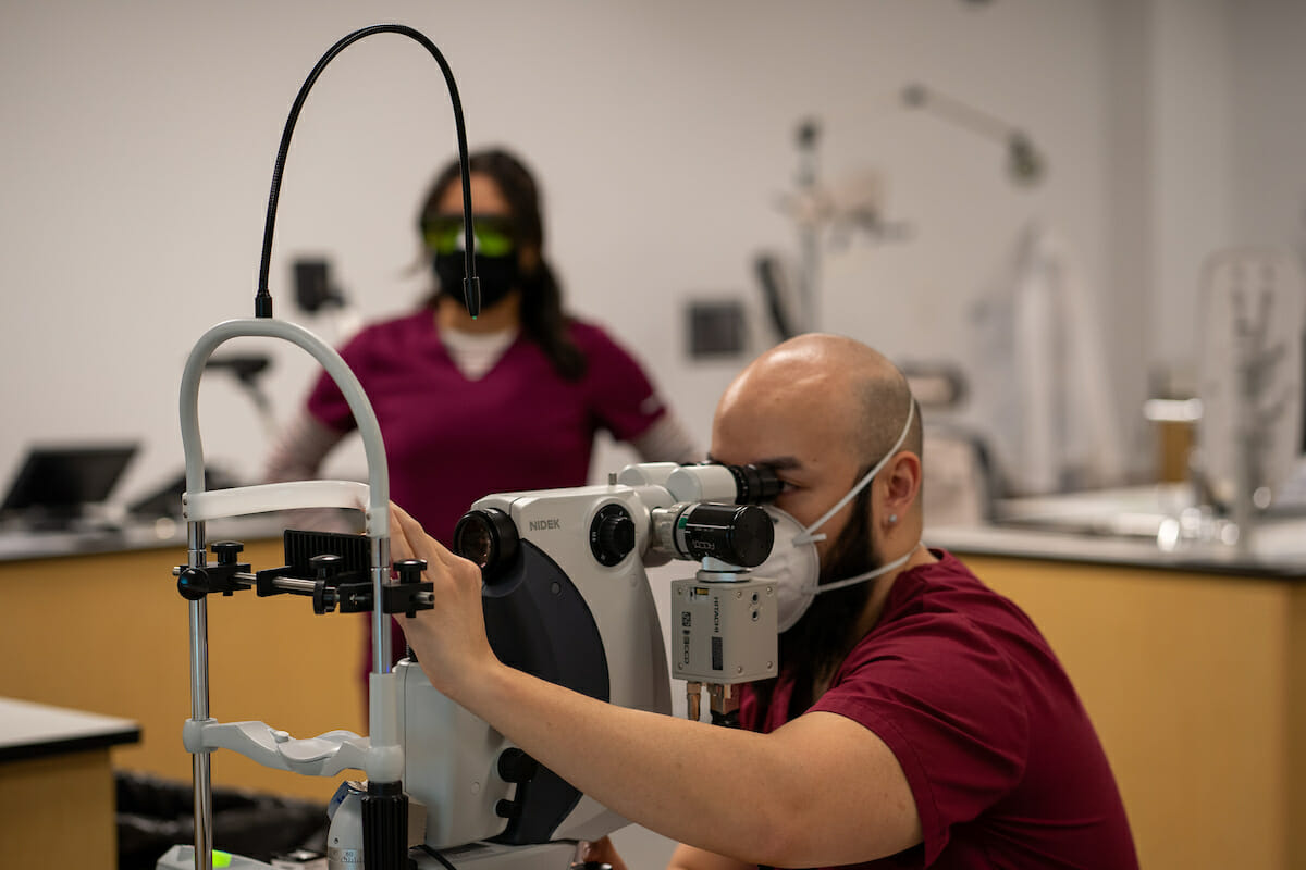 WesternU College of Optometry third-year students took part in a laser lab, going to four stations learning on the Lumenis laser and the Nidek laser. Assistant Dean for Clinical Affairs Loretta Ng with students Niloufar jafari and Johnny Pham at station 4 (YAG LPI) – A Nd:YAG laser is used to create small opening in the iris of patients to prevent or treat angle closure glaucoma.