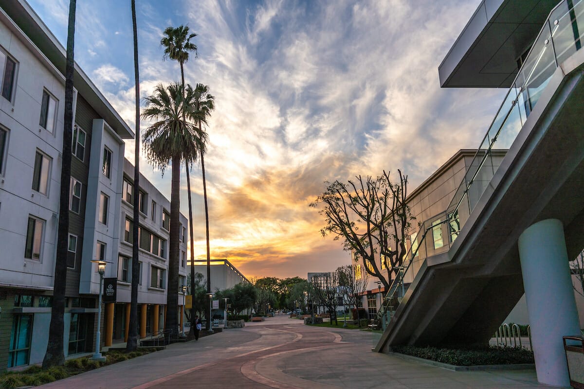 A sunset sky with clouds above a quiet, modern campus walkway lined with buildings, palm trees, and bare trees.