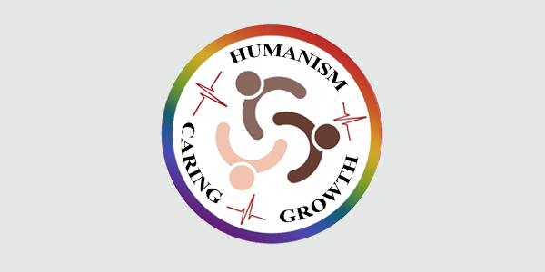 A circular logo with three abstract human figures in a swirl, surrounded by the words "Humanism," "Caring," and "Growth" on a rainbow-bordered white background.