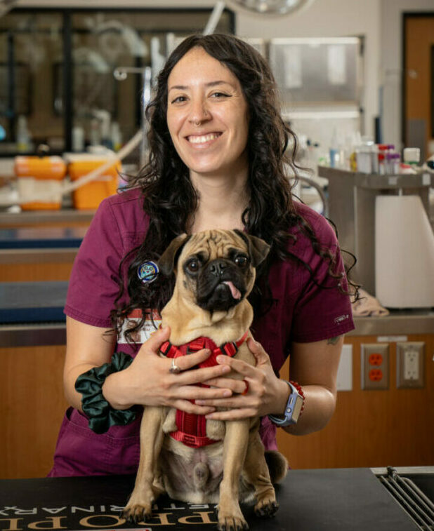 RVT Jessica Diaz holding her pet dog in the PHC with medical equipment in the background.
