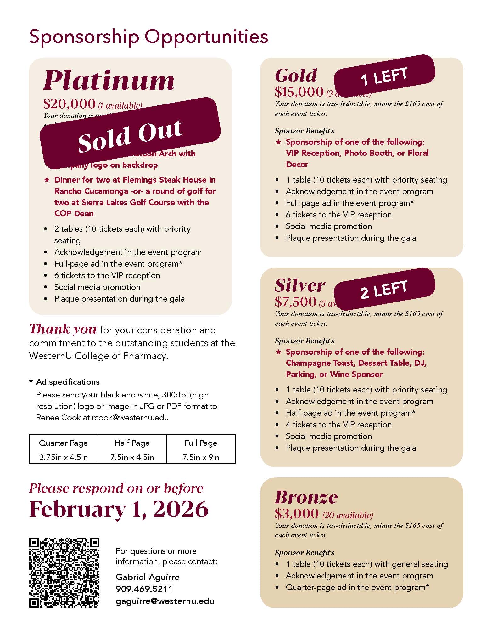 Sponsorship opportunities flyer listing Platinum, Gold, Silver, and Bronze packages with benefits, prices, availability, and a note that Platinum is sold out. Respond by February 1, 2026.
