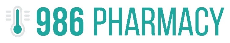 The logo displays a thermometer icon next to the text "986 PHARMACY" in bold, teal letters on a white background.