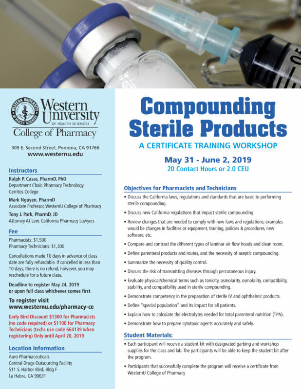 Compounding Sterile Products - a certificate training workshop on May 31 to June 2, 2019