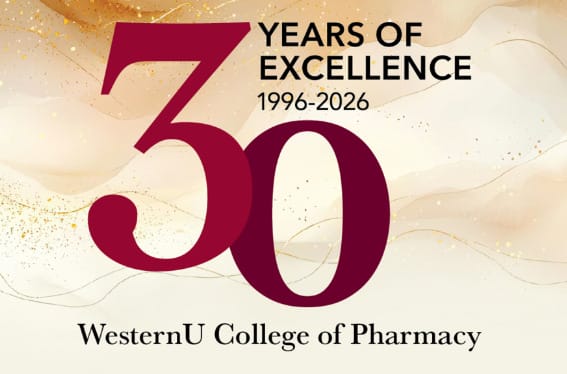 Graphic marking 30 years of excellence from 1996 to 2026 for WesternU College of Pharmacy, with a large maroon "30" and a beige abstract background.