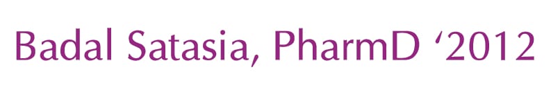 Text "Badal Satasia, PharmD '2012" in purple font on a white background.