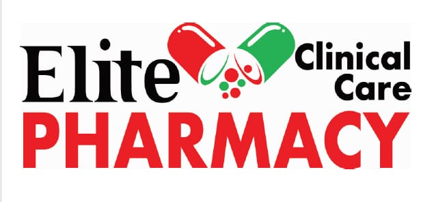Logo for "Elite Pharmacy Clinical Care" with a graphic of two capsules forming a heart above the text. The word "PHARMACY" is in bold red letters.