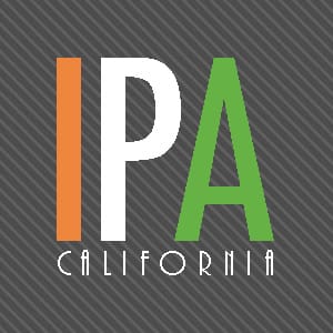 Text graphic with the large letters "IPA" in orange, white, and green, and the word "California" underneath, on a dark diagonal striped background.