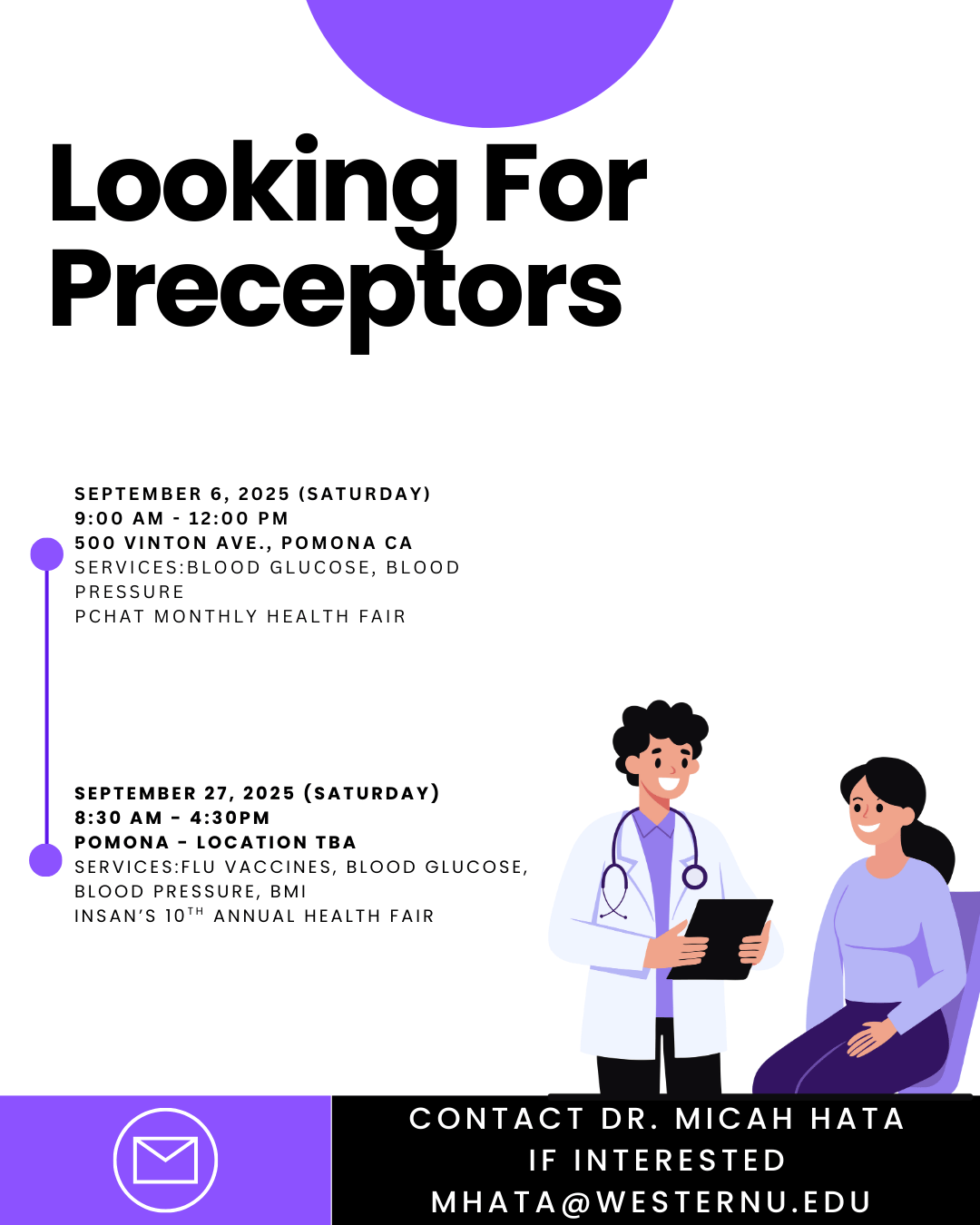 Flyer seeking preceptors for two Pomona, CA health fairs with event dates, times, services, and contact info on a white background with illustrations of healthcare professionals.