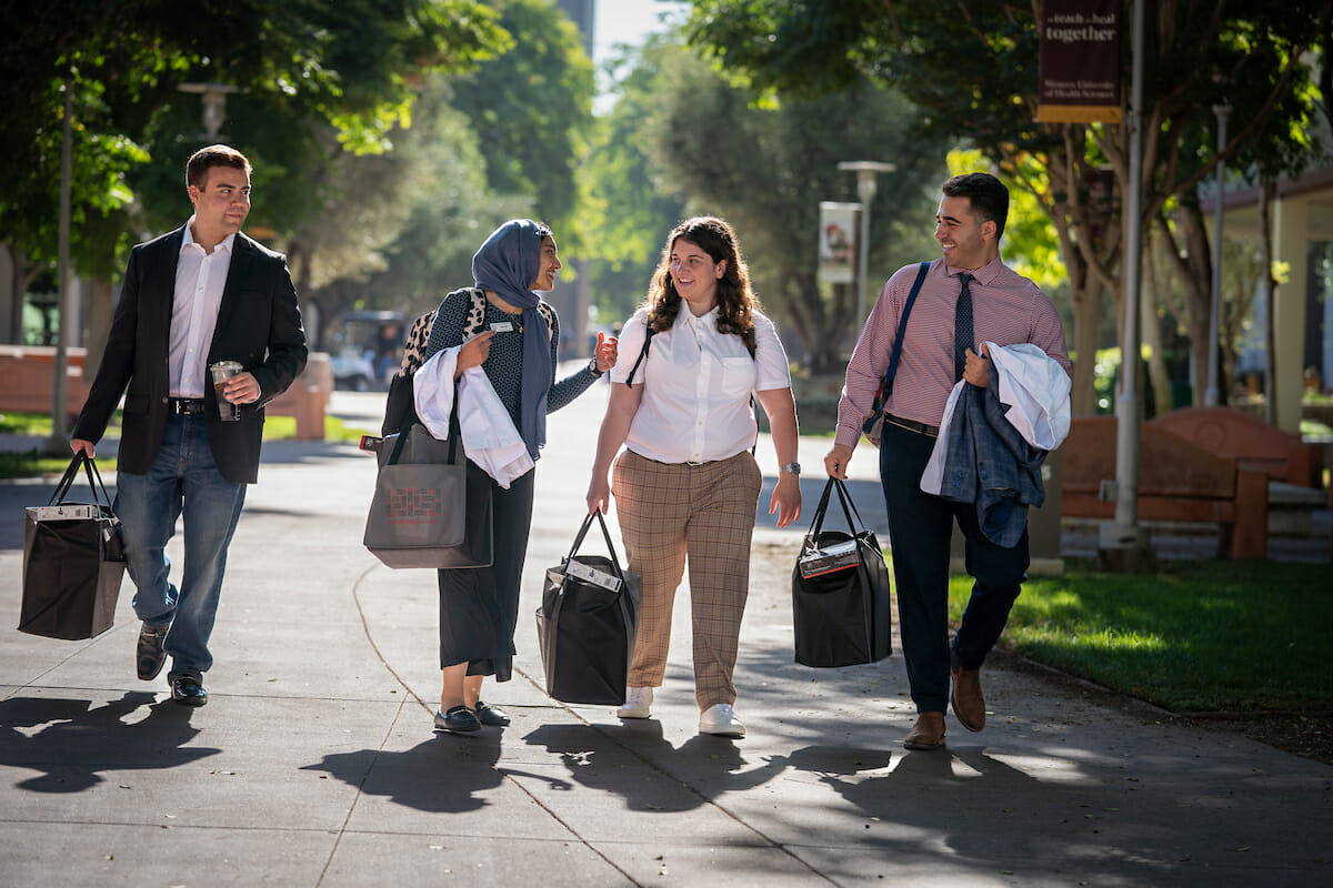 A group of pedestrians strolling with suitcases.