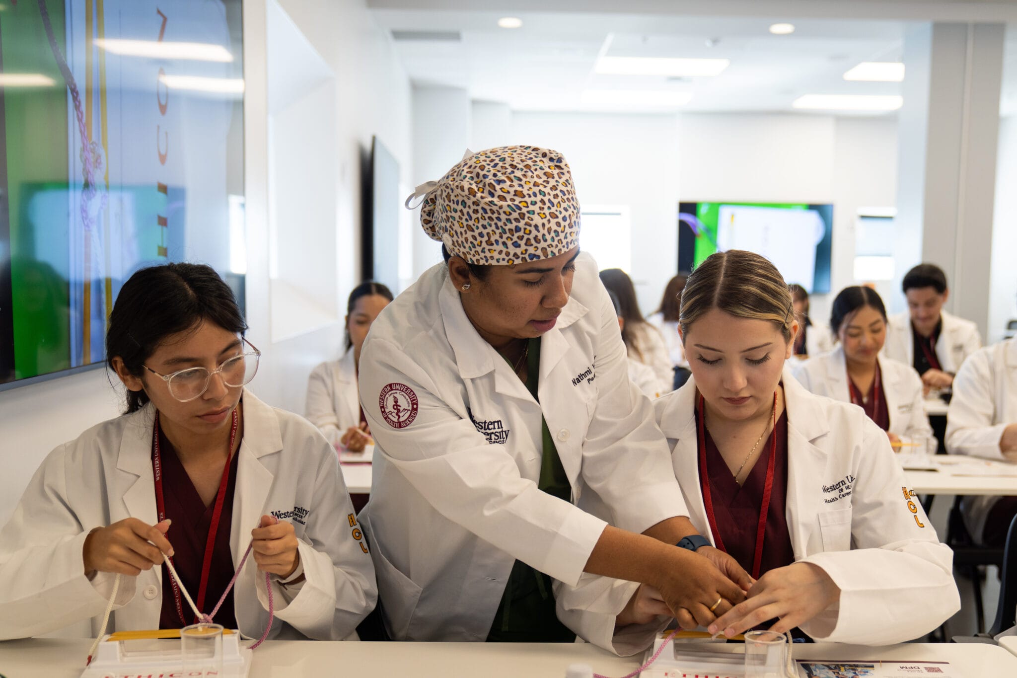 A medical instructor assists two students with hands-on activities at a lab table, while other students work in the background of a bright classroom.