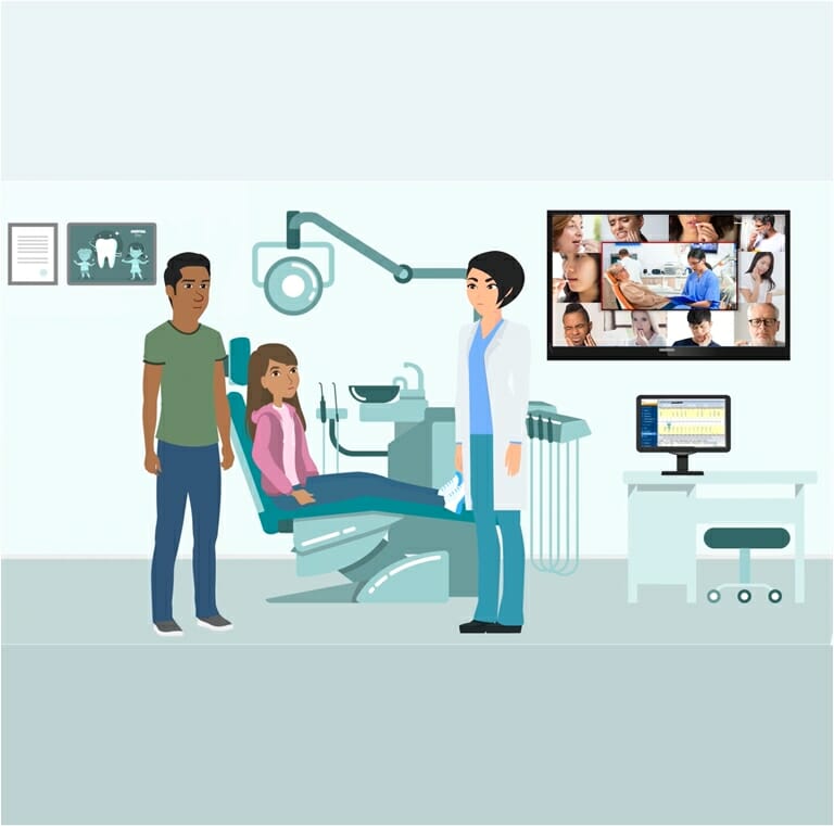 This image shows a young female patient in the dentist chair with her dad and dentist beside her.