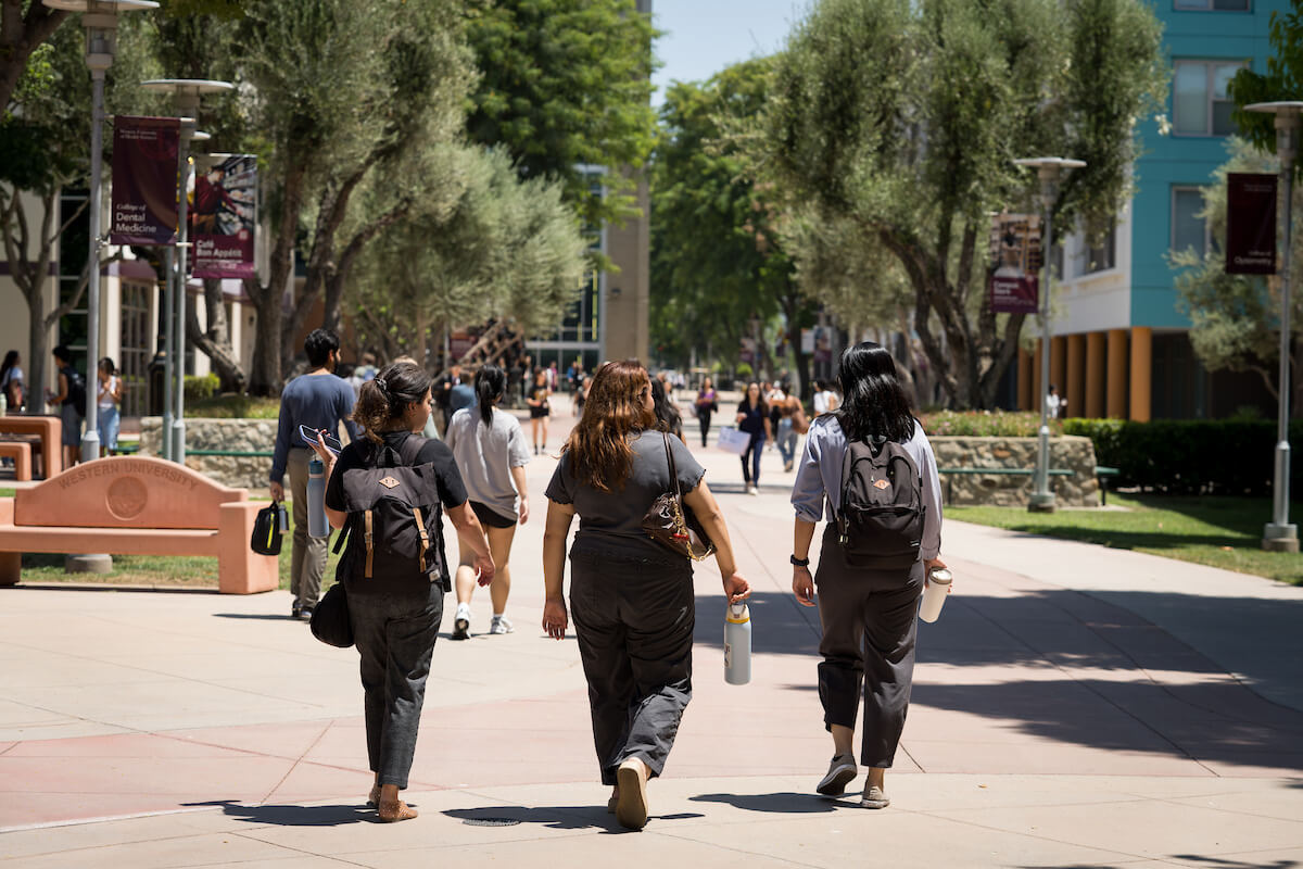 Three people walk down a tree-lined campus pathway on a sunny day, carrying bags and water bottles, with others seen further ahead.