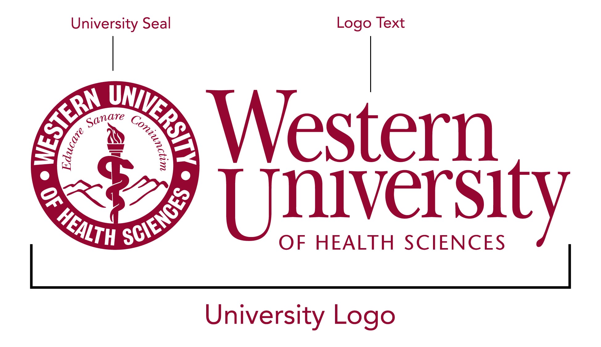 Western University of Health Sciences logo with a circular university seal on the left and “Western University of Health Sciences” text on the right, both in maroon.