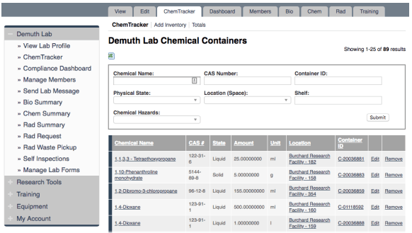 a screen shot of a chemical inventory screen.