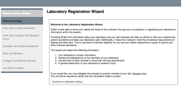 a screen shot of the laboratory registration wizard.