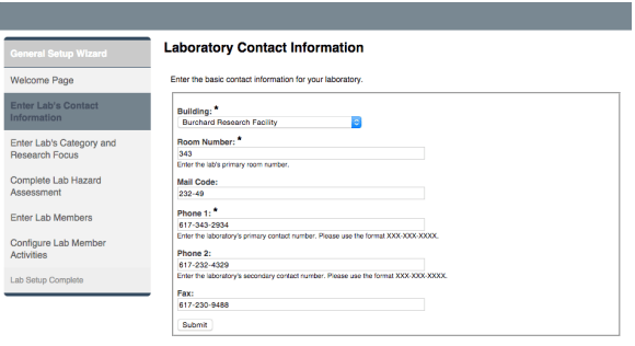 a screen shot of the lab contact information page.