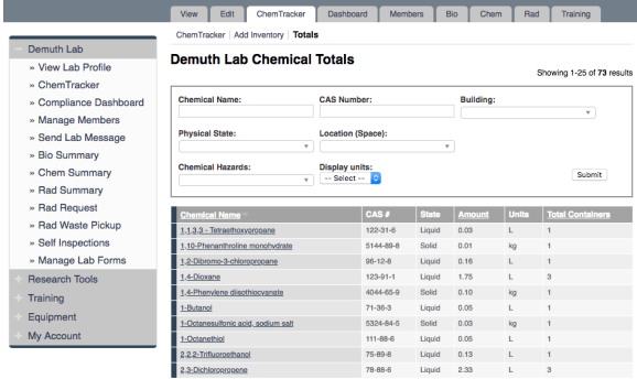 a screen shot of a chemical inventory screen.