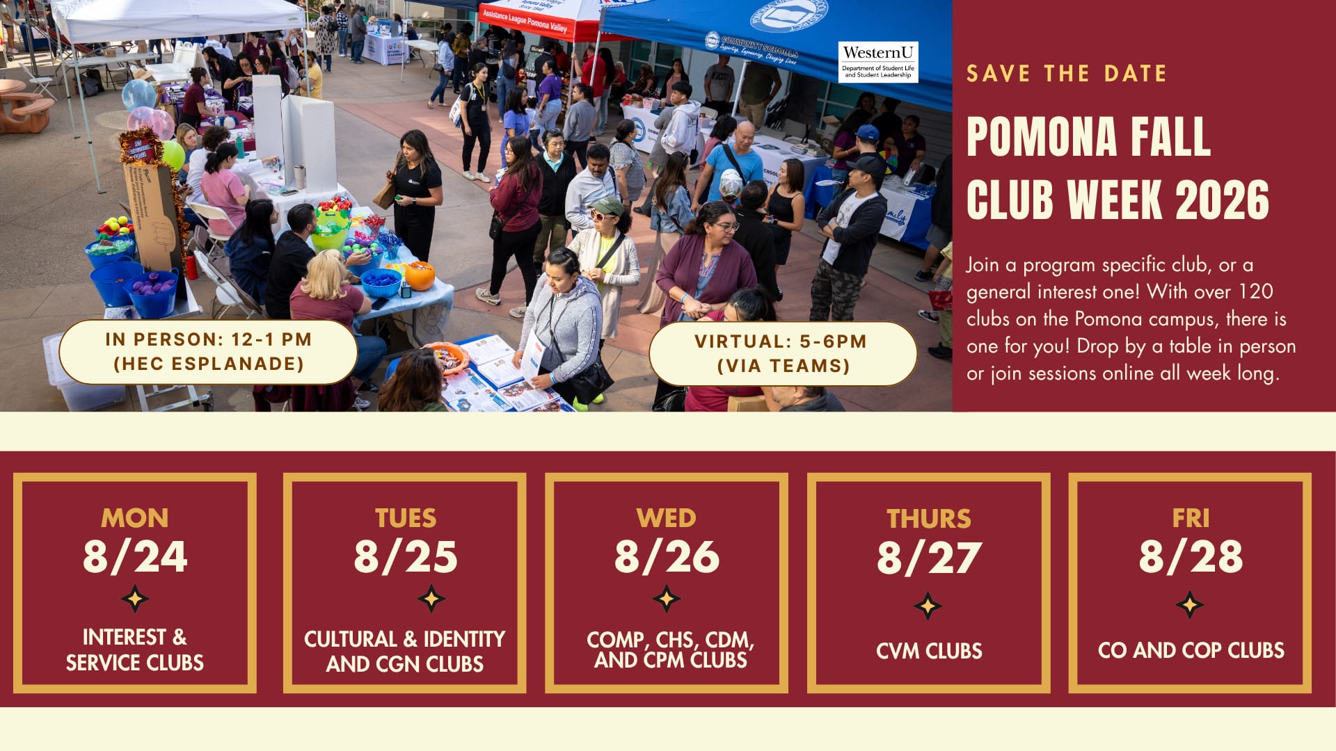 Students visit club tables at an outdoor campus event; banners and booths line the walkway. A save-the-date for Pomona Fall Club Week 2026 with event dates and club categories is shown.