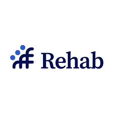 The image shows the word "Rehab" in blue text next to an abstract blue logo featuring dots and curved lines on a white background.