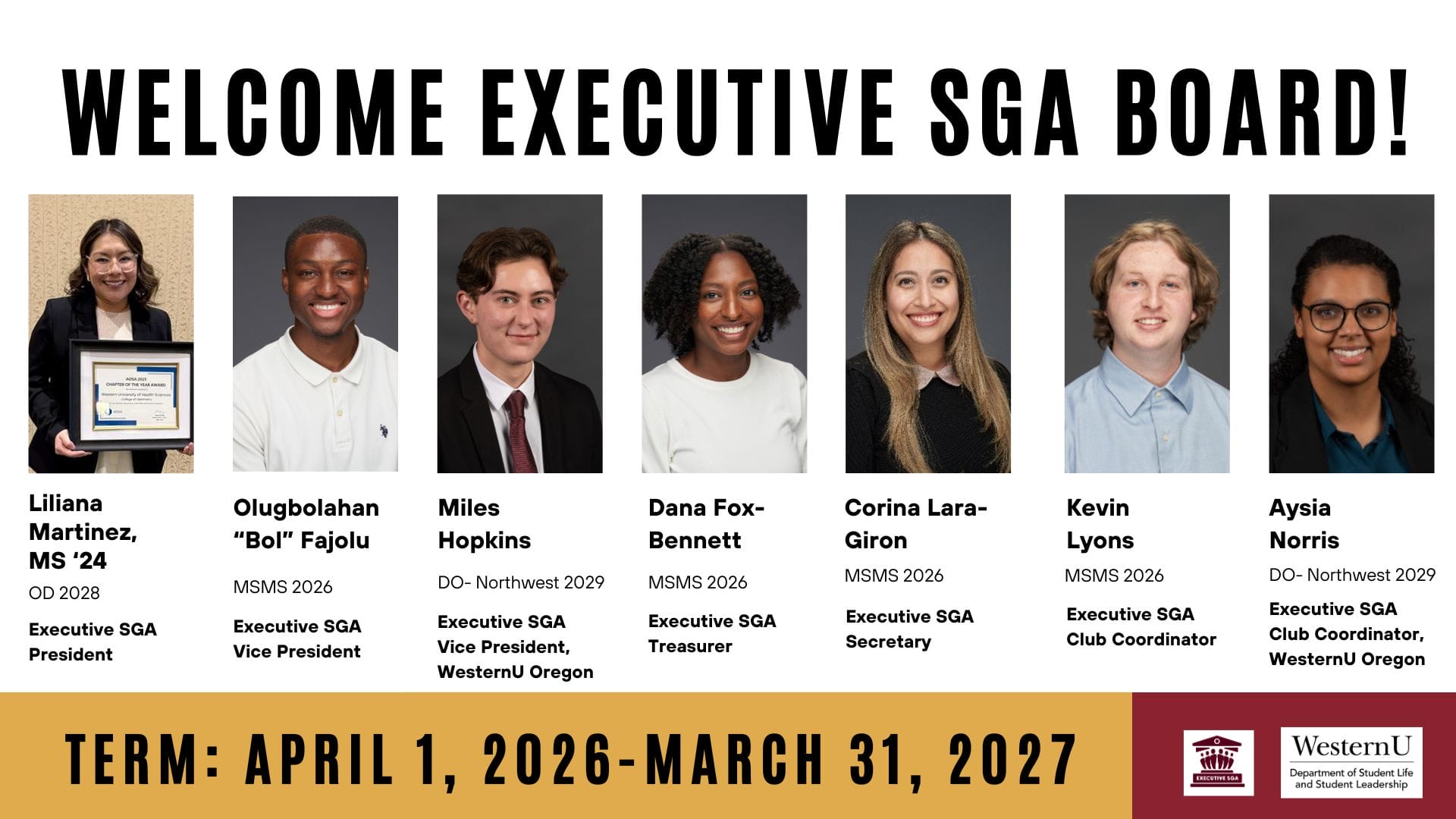 A group of seven students pose for official executive SGA board photos with names, positions, and term dates listed. Text welcomes the board for their 2026-2027 term at WesternU.
