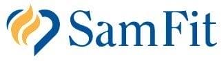 Blue text “SamFit” next to a stylized heart logo featuring blue and yellow shapes on a white background.