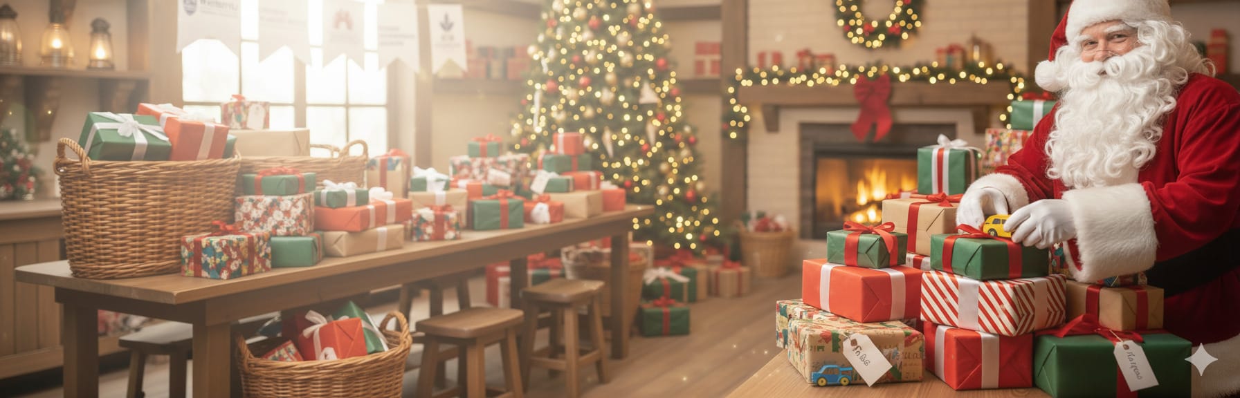 Santa Claus stands beside a table stacked with wrapped gifts in a Christmas-decorated room with a lit fireplace and a large Christmas tree.