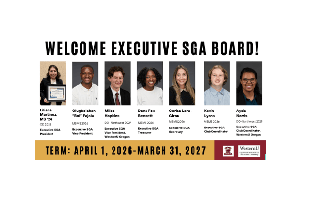 A banner introducing the Executive SGA Board, featuring headshots and names of six members with their roles and term dates: April 1, 2026 – March 31, 2027.