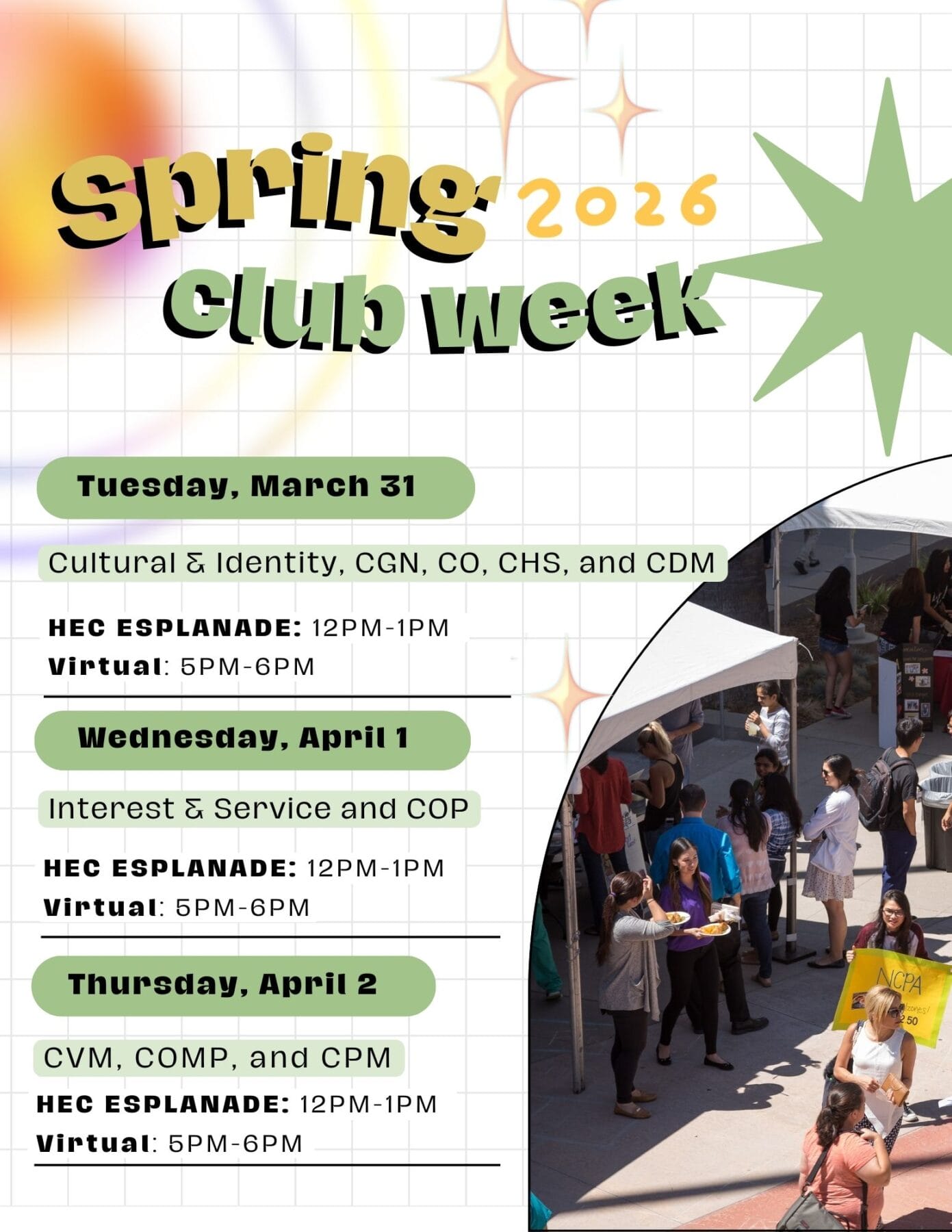 Spring Club Week 2026 flyer listing event dates, times, and locations for various club categories, with a group of people gathered at outdoor tables in the lower right corner.