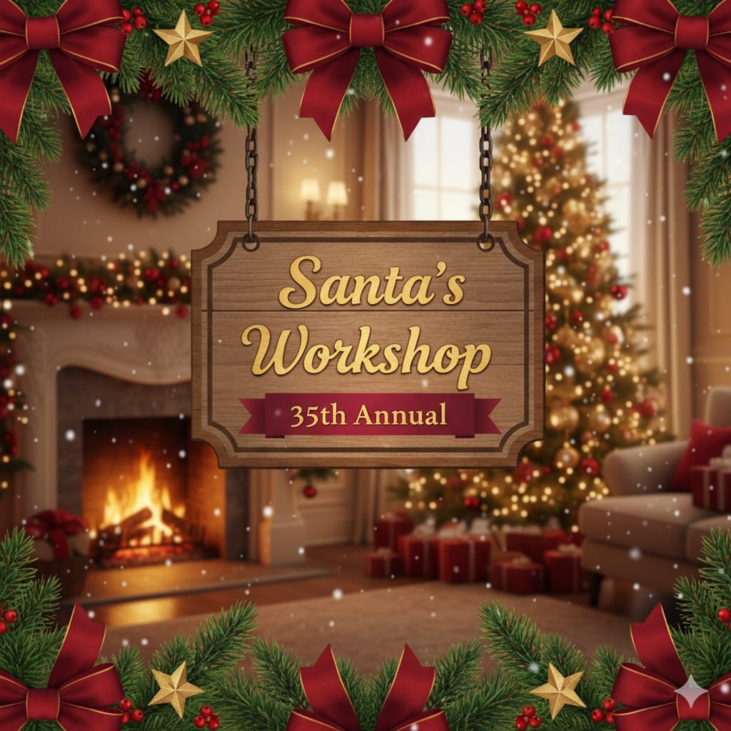 A wooden sign reading "Santa’s Workshop 35th Annual" hangs in a festive living room decorated with a Christmas tree, fireplace, and holiday garlands.