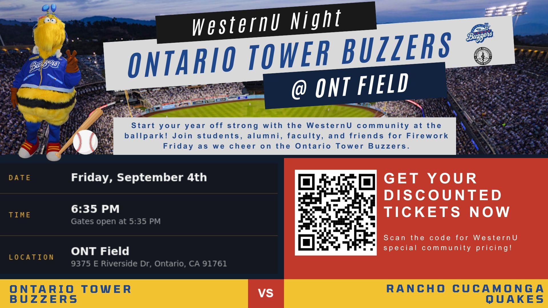 Promotional flyer for WesternU Night at an Ontario Tower Buzzers baseball game on September 4th at 6:35 PM, featuring ticket info and a QR code for discounted tickets.