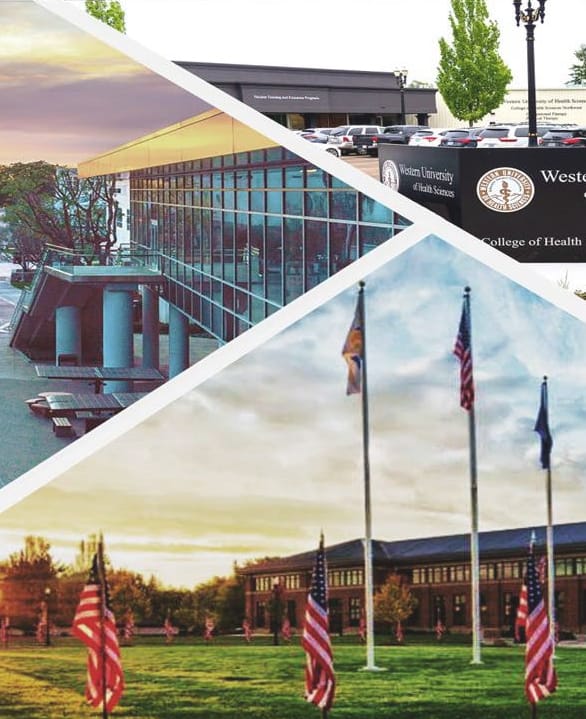 A collage showing three campus scenes at Western University of Health Sciences, including buildings, a sign, and a lawn with flagpoles and American flags.