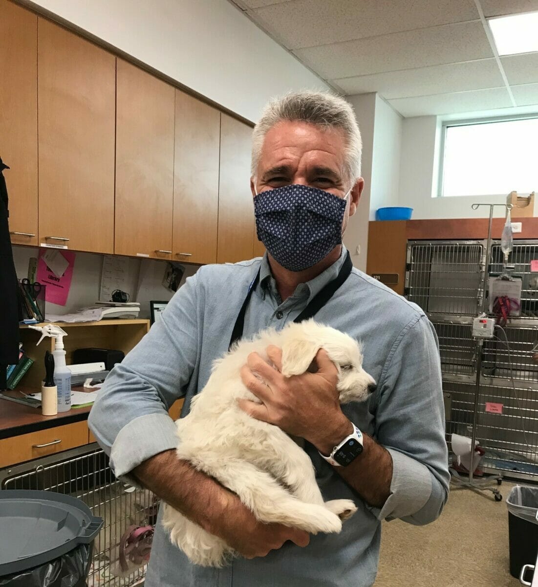 Photo of Dr. Lopez-Bejar with puppy in clinic