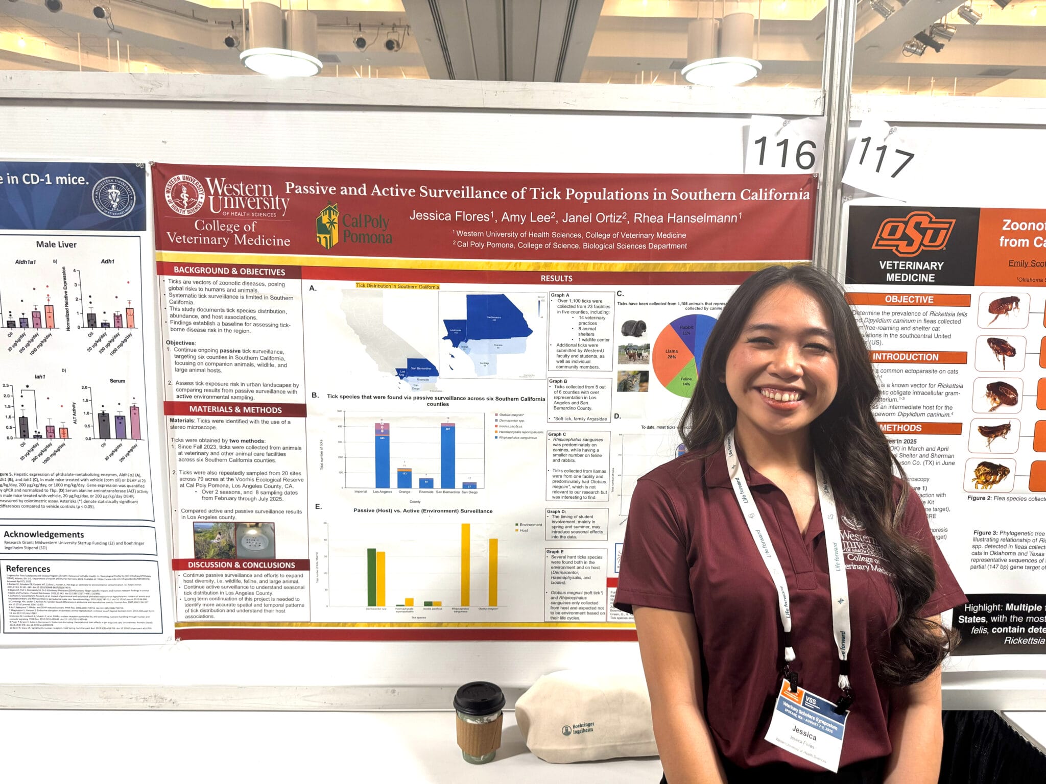 WesternU CVM student Jessica Flores in a maroon shirt stands smiling in front of a scientific research poster about tick populations at a conference.
